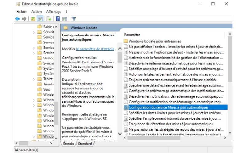 désactiver Windows update: Configuration du service Mises à jour automatiques