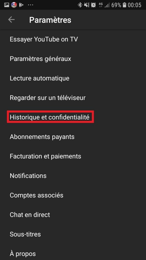 historique et confidentialité youtube