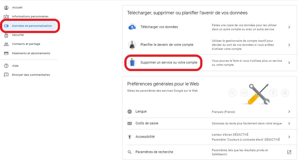 supprimer un service ou un compte gmail